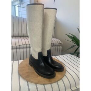 ZARA Combined Leather and Linen Knee High Boots Color block Size 8 39 equestrian